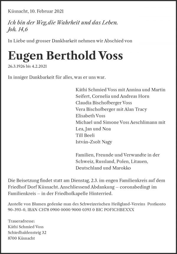 Avis de décès de Eugen Berthold Voss, Küsnacht ZH