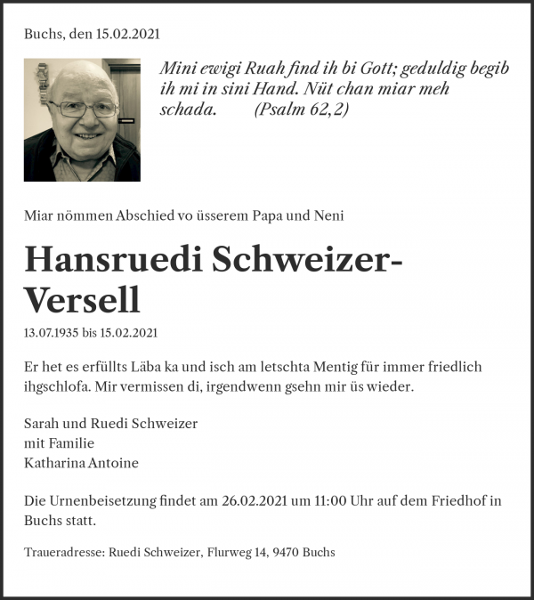 Avis de décès de Hansruedi Schweizer- Versell, Buchs SG