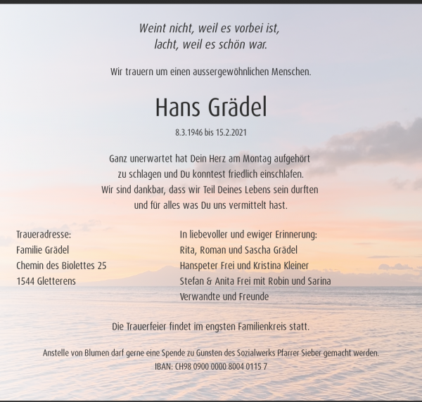 Avis de décès de Hans Grädel, Gletterens