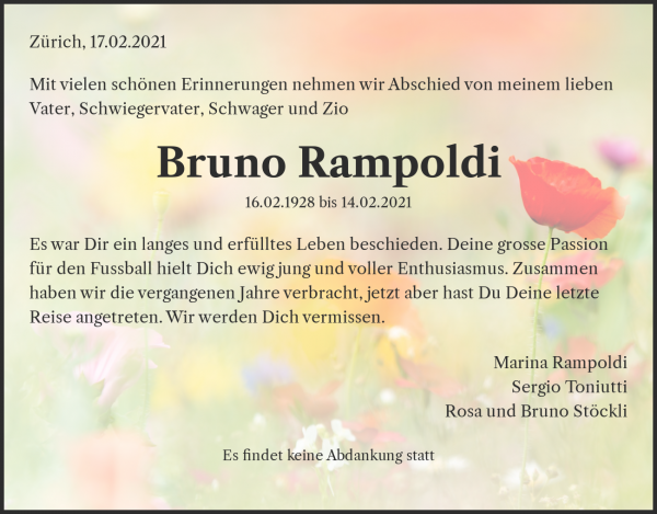 Avis de décès de Bruno Rampoldi, Zürich