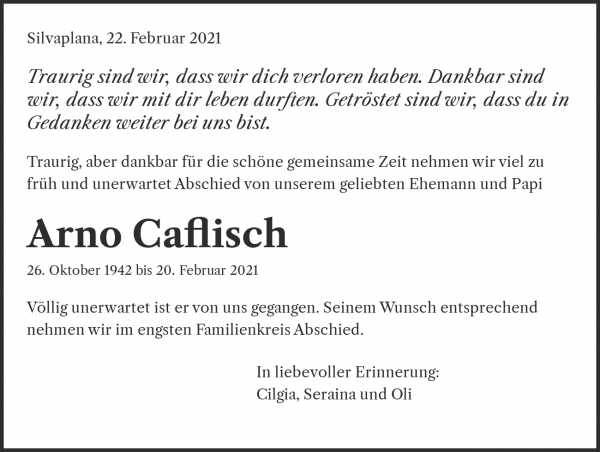 Obituary Arno Caflisch, Silvaplana