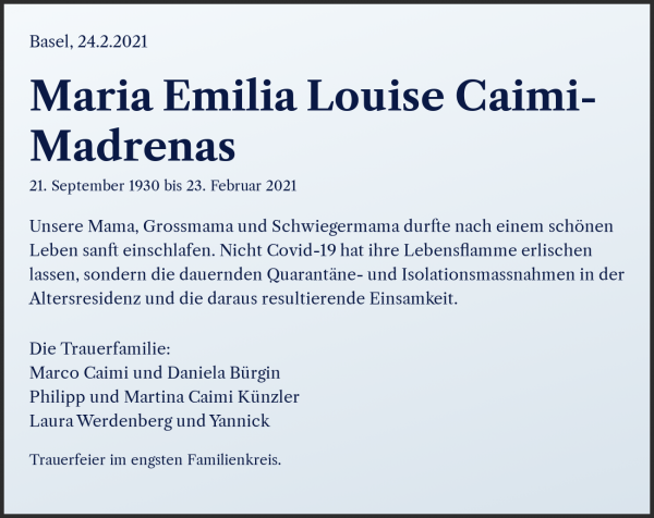 Avis de décès de Maria Emilia Louise Caimi-Madrenas, Basel