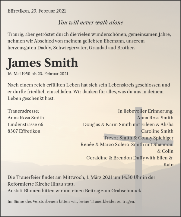 Avis de décès de James Smith, Effretikon