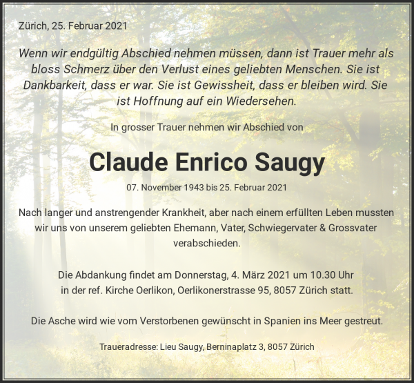 Avis de décès de Claude Enrico Saugy, Zürich
