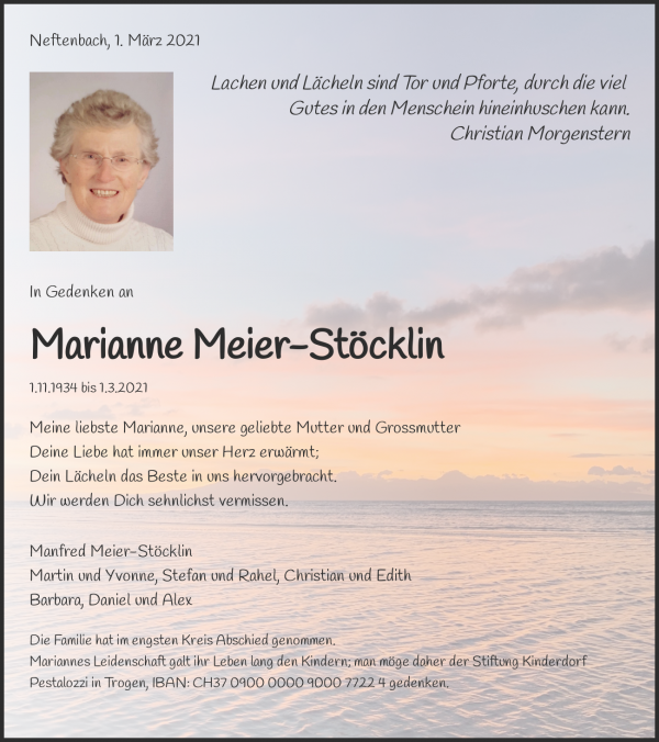 Todesanzeige von Marianne Meier-Stöcklin, Neftenbach