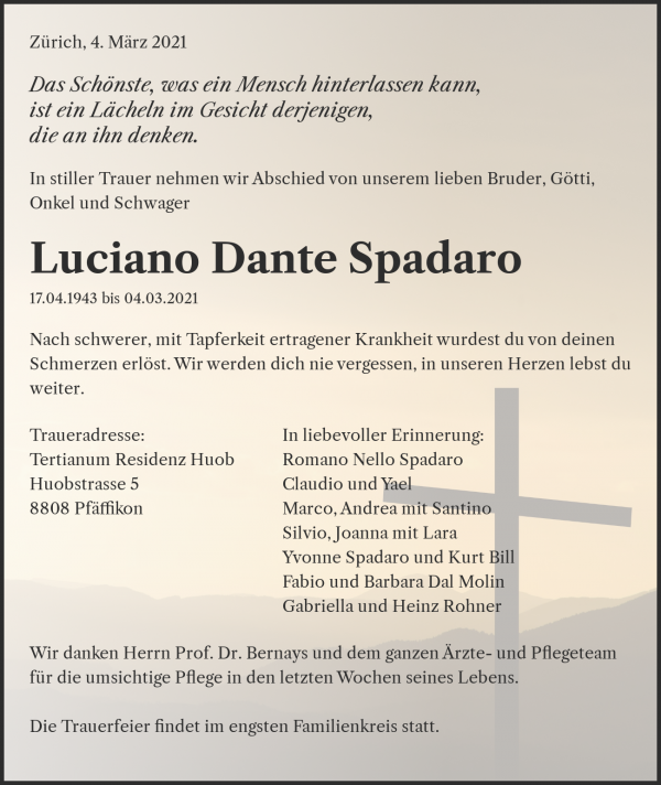 Todesanzeige von Luciano Dante Spadaro, Pfäffikon