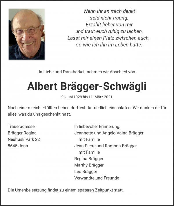 Avis de décès de Albert Brägger-Schwägli, Jona