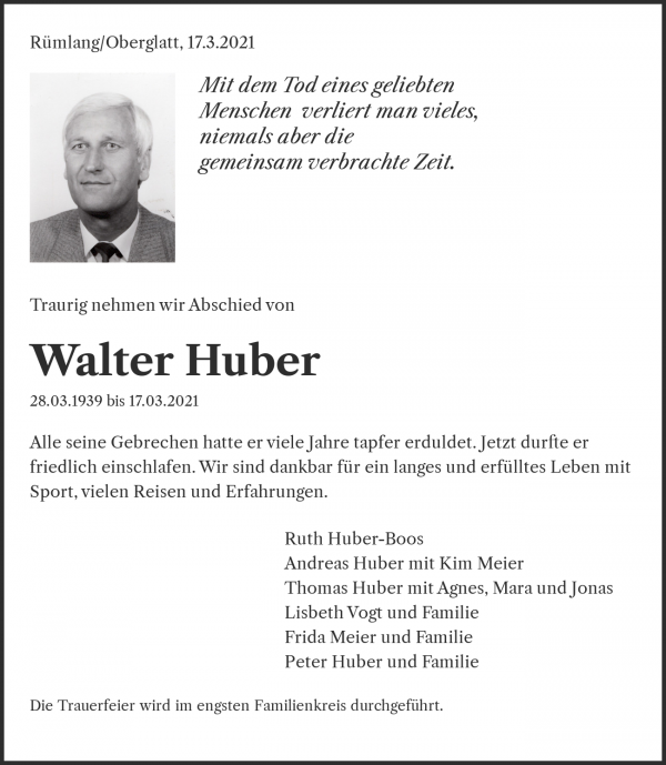 Avis de décès de Walter Huber, Rümlang