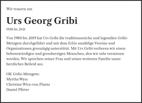 Avis de décès de Urs Georg Gribi, Hergiswil