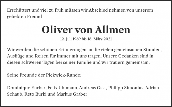 Avis de décès de Oliver von Allmen, Riehen