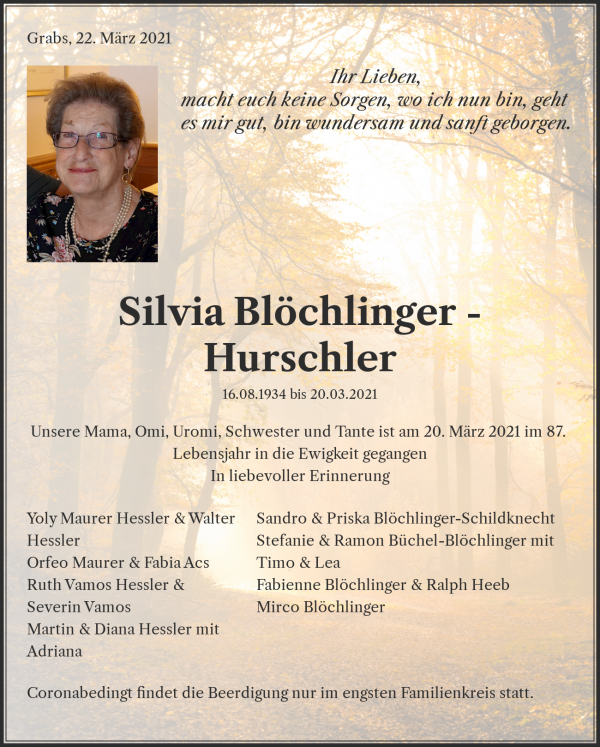 Avis de décès de Silvia Blöchlinger - Hurschler, Grabs