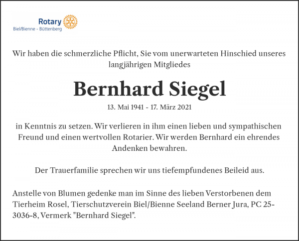 Avis de décès de Bernhard Siegel, Biel
