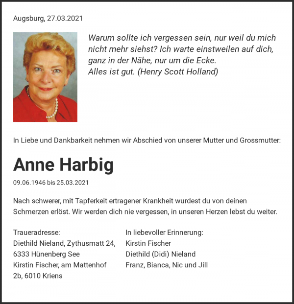Avis de décès de Anne Harbig, Augsburg