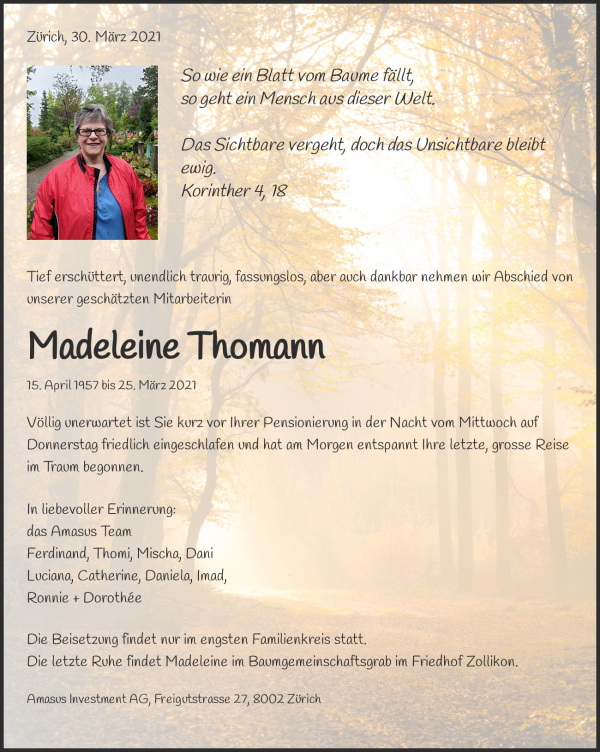 Avis de décès de Madeleine Thomann, Zollikon