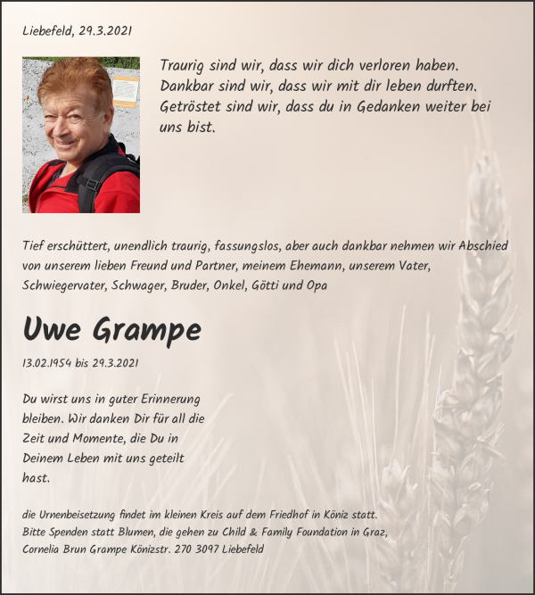 Avis de décès de Uwe Grampe, Liebefeld