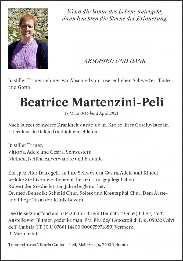 Avis de décès de Beatrice Martenzini-Peli, Chur