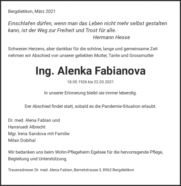 Avis de décès de Ing. Alenka Fabianova, Bergdietikon