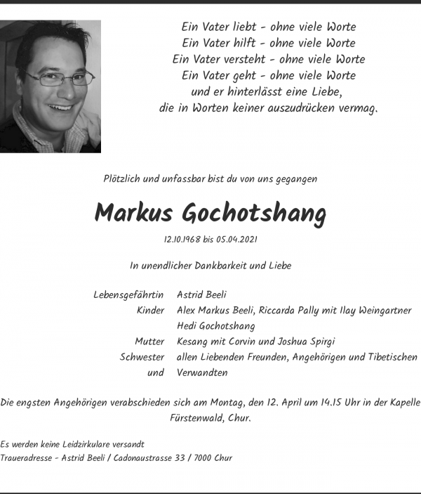 Avis de décès de Markus Gochotshang, Chur