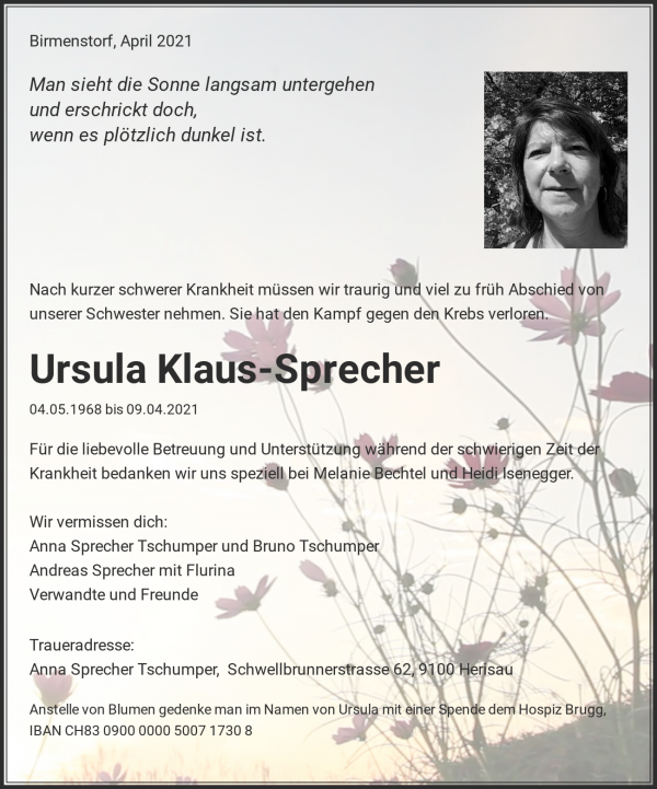Avis de décès de Ursula Klaus-Sprecher, Birmenstorf