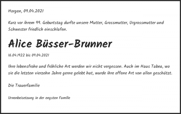Avis de décès de Alice Büsser-Brunner, Horgen