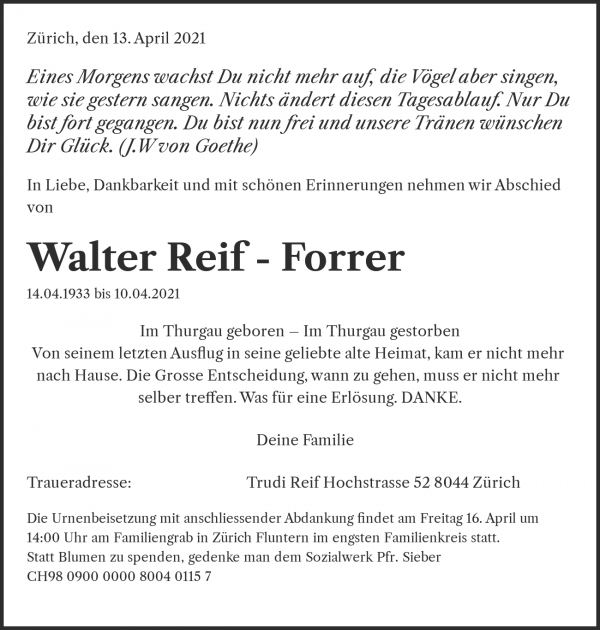 Avis de décès de Walter Reif - Forrer, Zürich