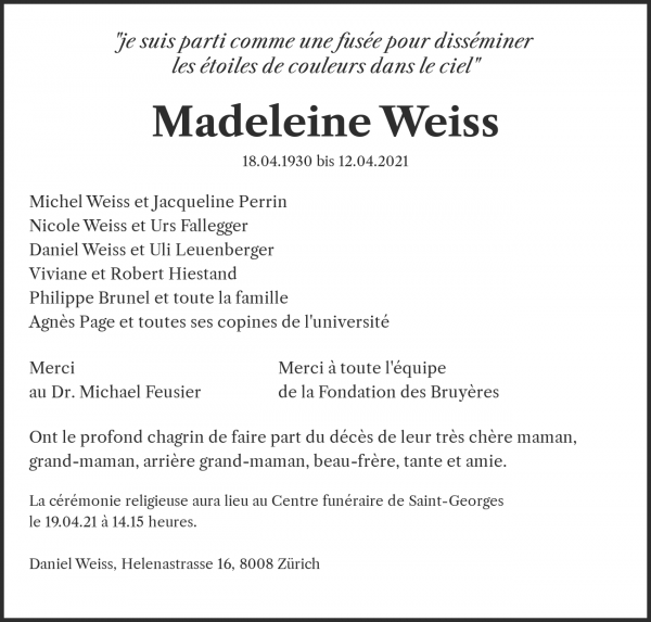 Avis de décès de Madeleine Weiss, Genève