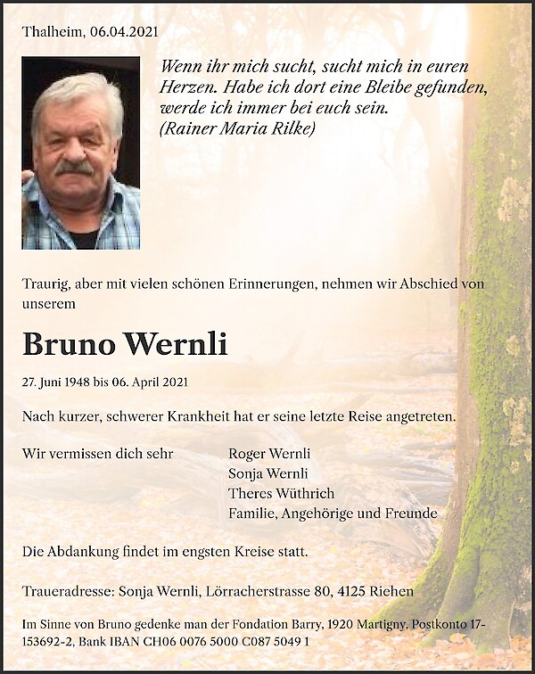 Todesanzeige von Bruno Wernli, Thalheim