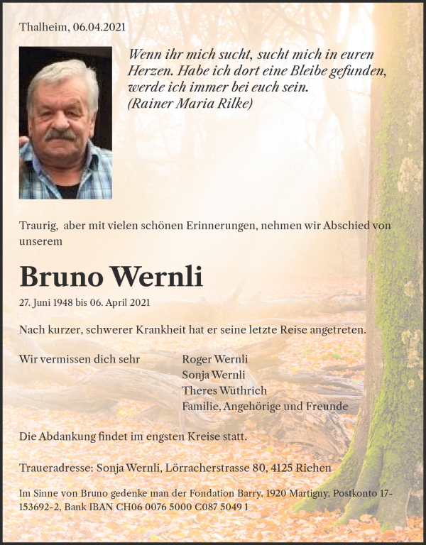 Avis de décès de Bruno Wernli, Thalheim