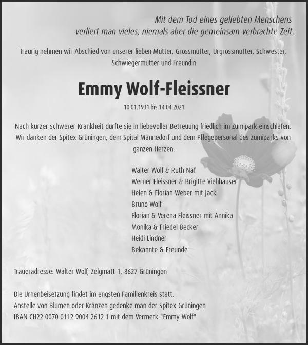 Todesanzeige von Emmy Wolf-Fleissner, Grüningen