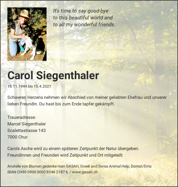 Avis de décès de Carol Siegenthaler, Chur