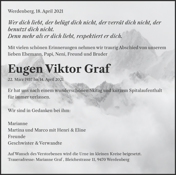 Obituary Eugen Viktor Graf, Werdenberg
