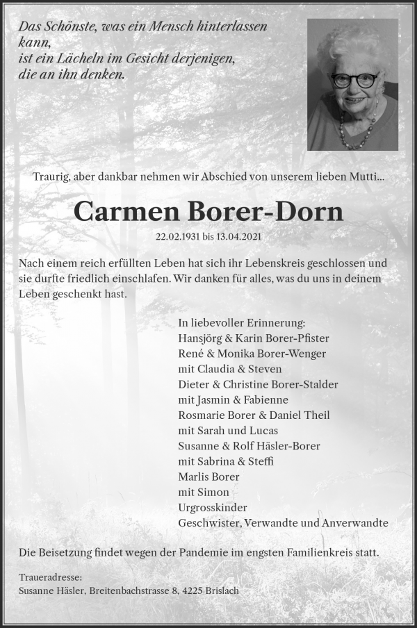 Avis de décès de Carmen Borer-Dorn, Breitenbach