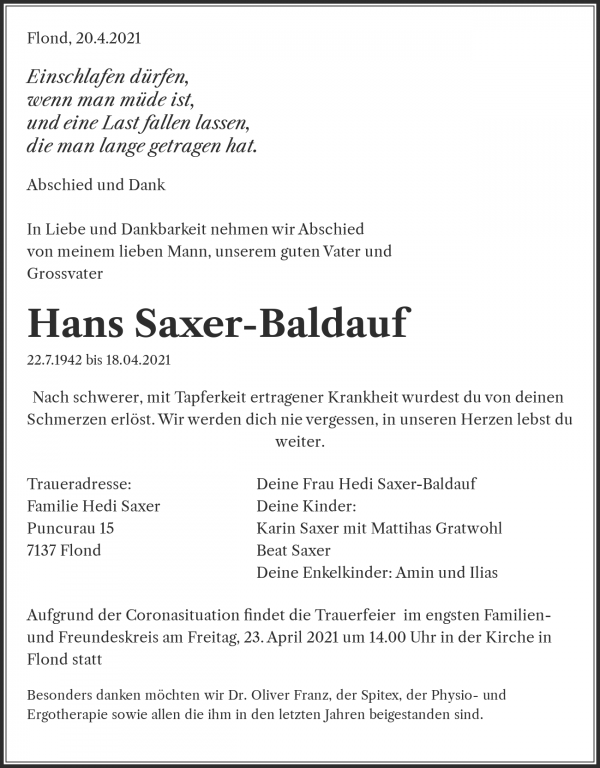 Avis de décès de Hans Saxer-Baldauf, Flond