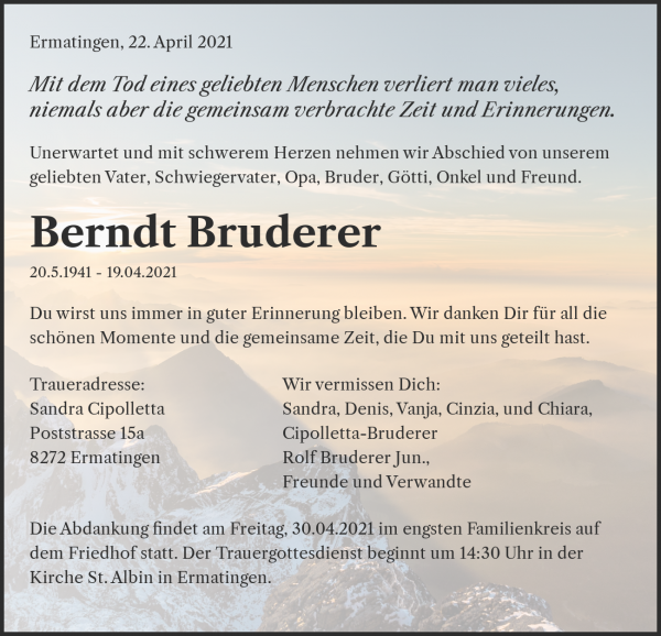 Todesanzeige von Berndt Bruderer, Ermatingen