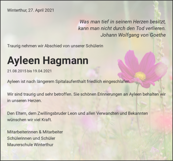 Todesanzeige von Ayleen Hagmann, Winterthur