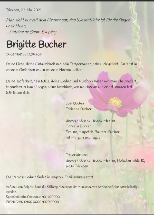 Obituary Brigitte Bucher, Oberkirch