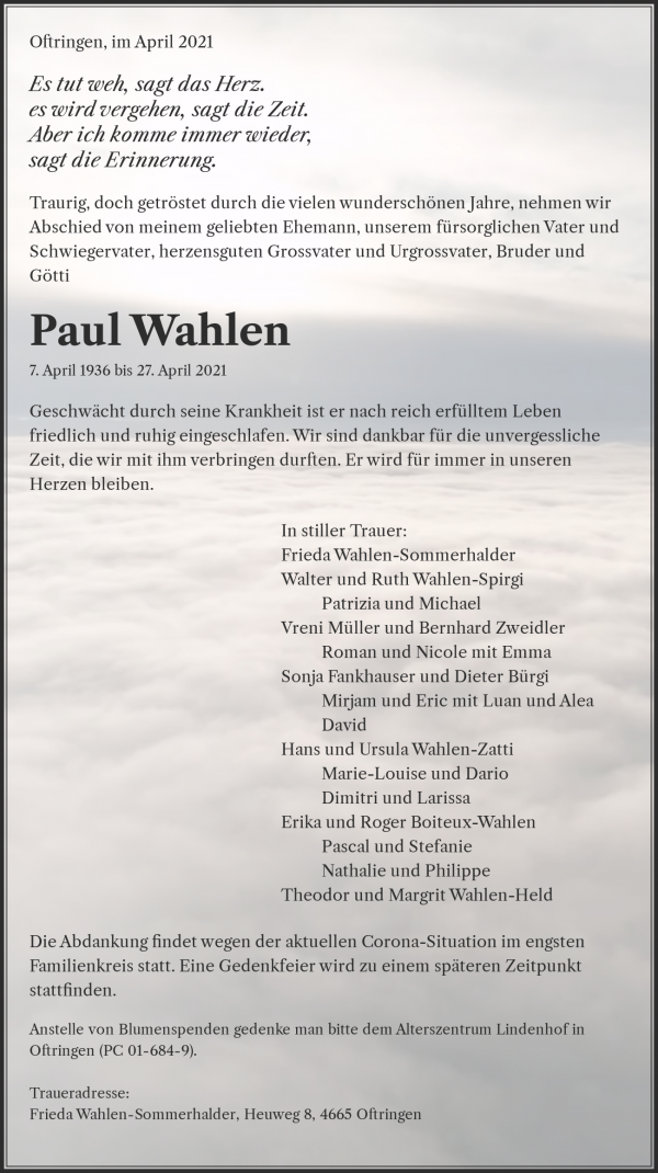 Obituary Paul Wahlen, Oftringen
