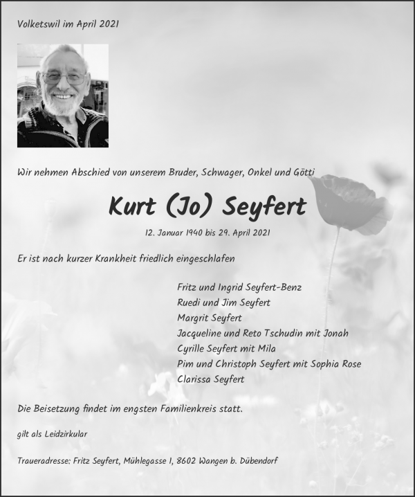 Todesanzeige von Kurt (Jo) Seyfert, Volketswil