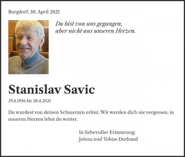 Avis de décès de Stanislav Savic, Burgdorf