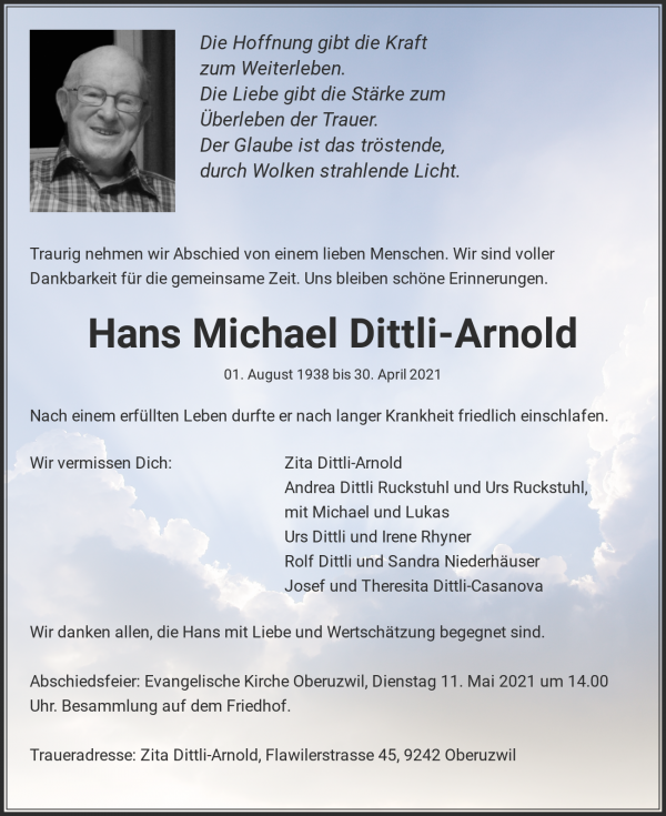 Necrologio Hans Michael Dittli-Arnold, Oberuzwil