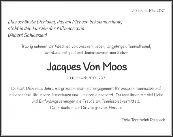 Avis de décès de Jacques Von Moos, Zürich