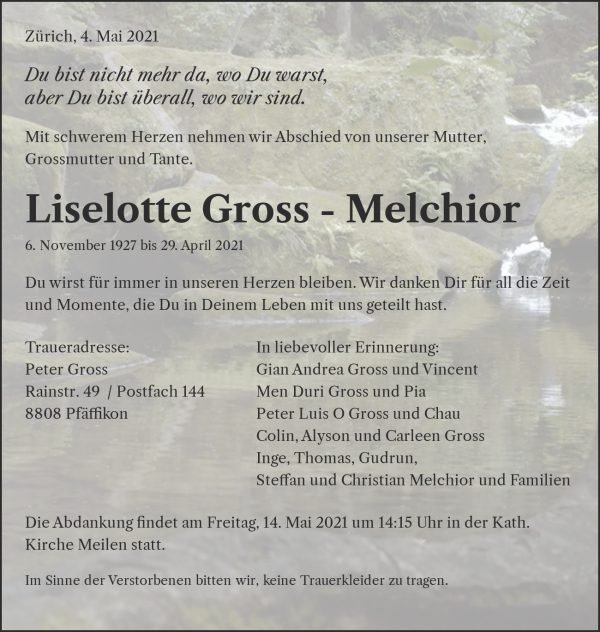 Todesanzeige von Liselotte Gross - Melchior, Meilen