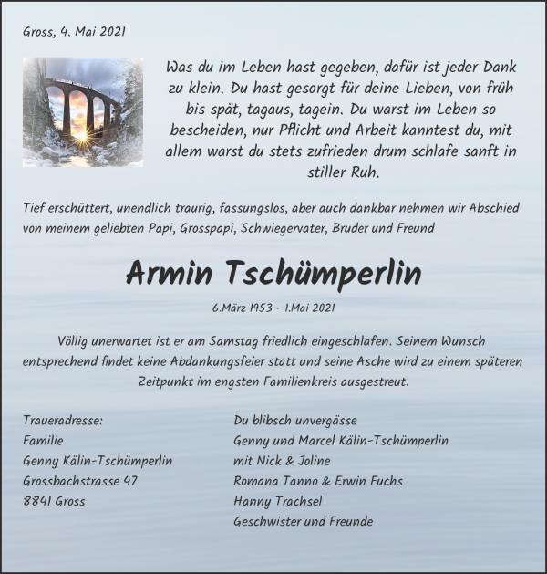 Todesanzeige von Armin Tschümperlin, Wilen