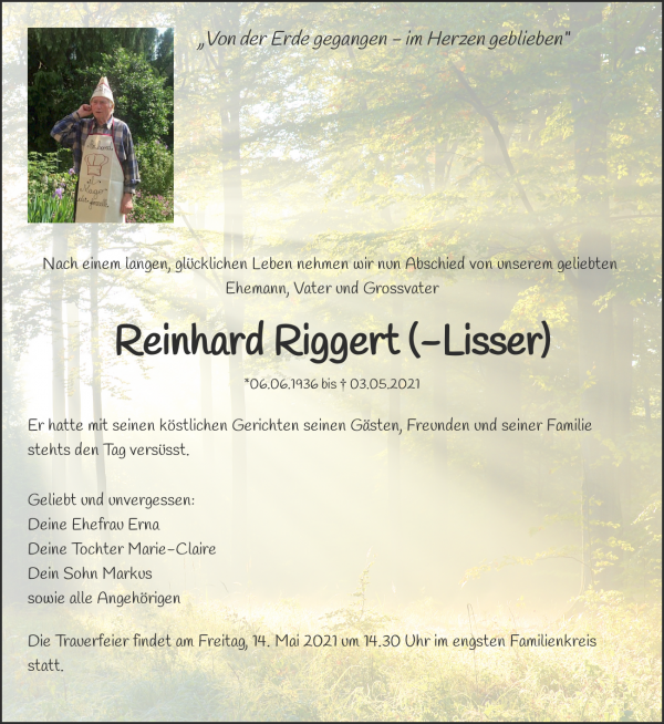 Necrologio Reinhard Riggert (-Lisser), Himmelried