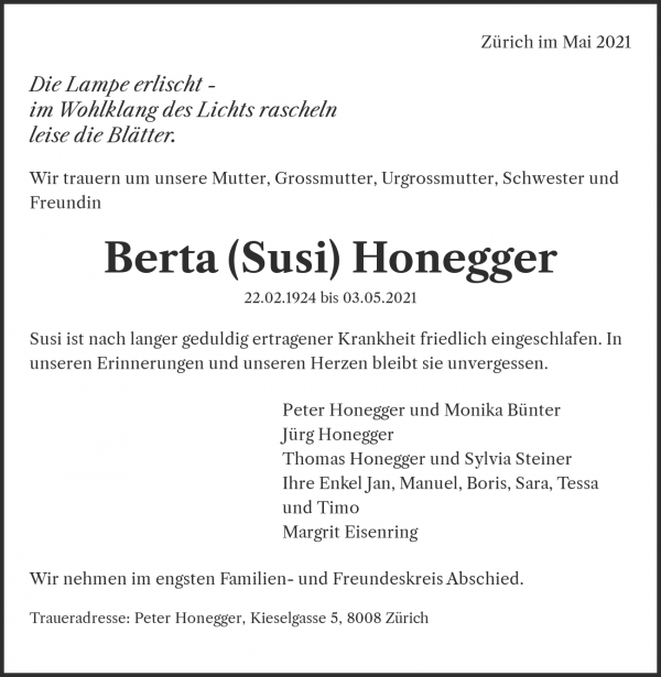 Avis de décès de Berta (Susi) Honegger, Zürich