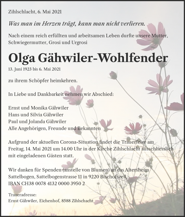 Avis de décès de Olga Gähwiler-Wohlfender, Zihlschlacht