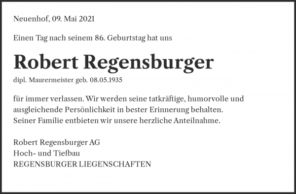 Obituary Robert Regensburger, Würenlos