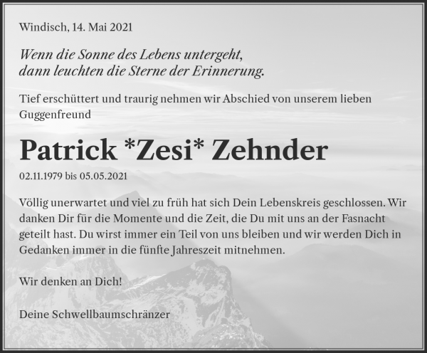 Avis de décès de Patrick *Zesi* Zehnder, Wohlen