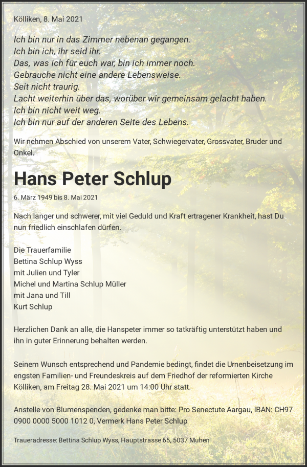 Avis de décès de Hans Peter Schlup, Kölliken