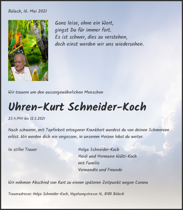 Todesanzeige von Uhren-Kurt Schneider-Koch, Bülach